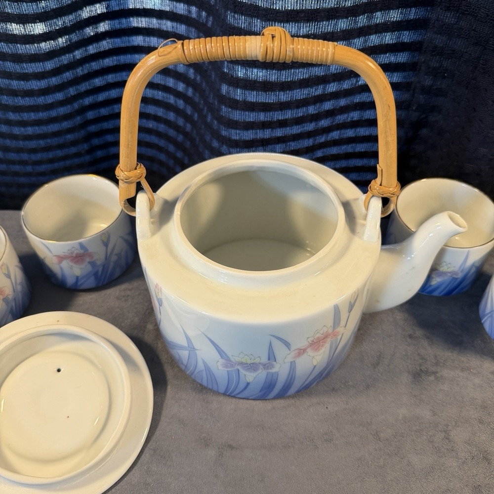 TEAPOT WITH 6 YUNOMI Tea Cups IRIS OTAGIRI OMC Japan Porcelain Flowers Gold Trim - Picture 11 of 14